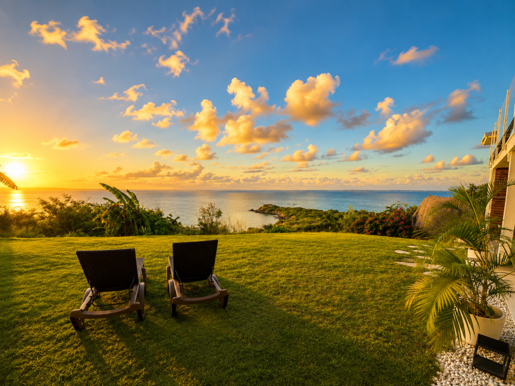 Terrasse de l’Appartement Sunset avec jacuzzi et vue mer à Saint-Martin