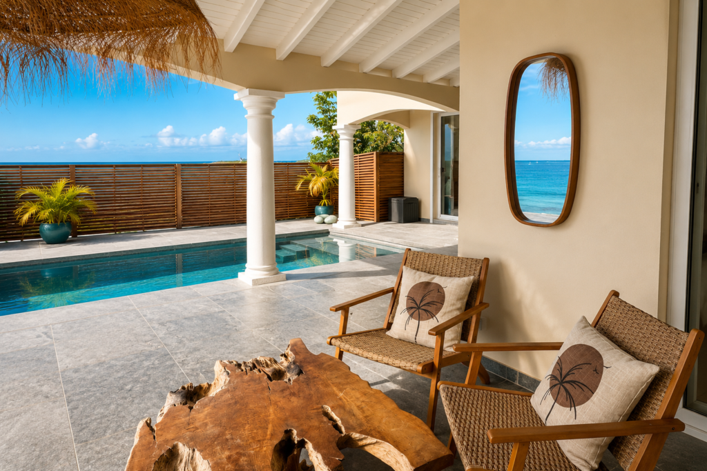 Terrasse avec piscine privée et vue mer de la Villa Sunset à Saint-Martin